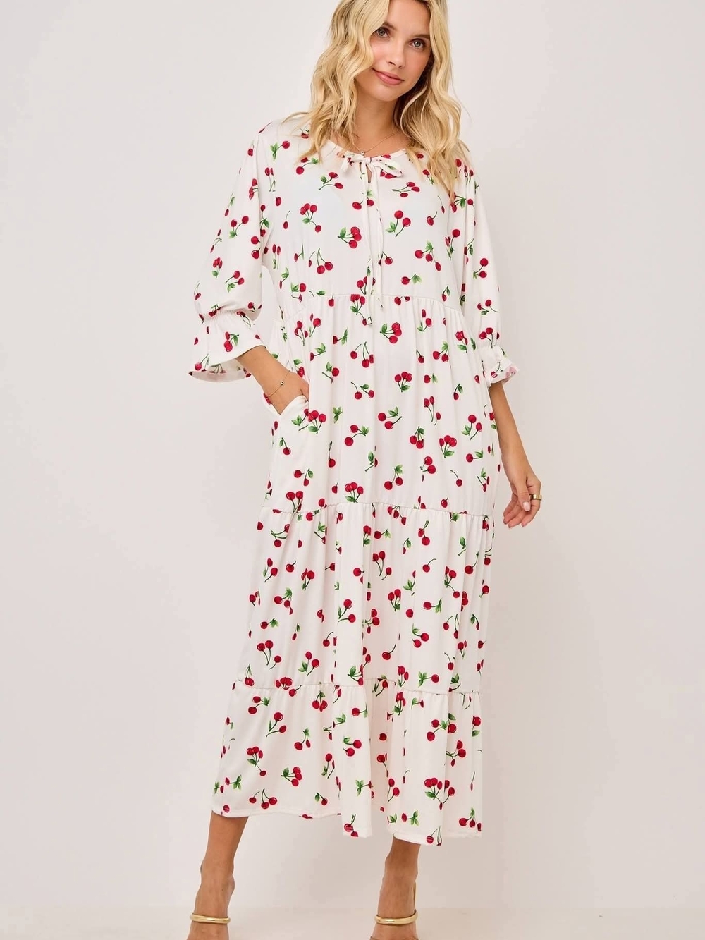 Celeste White Maxi Dress with Red Cherry Print